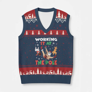 Funny Xmas Naughty Santa V-Neck Knit Sweater Vest Working It At The Pole TS11 Navy Red Print Your Wear