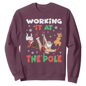 Funny Christmas Naughty Santa Sweatshirt Working It At The Pole TS11 Maroon Print Your Wear