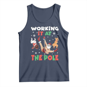 Funny Christmas Naughty Santa Tank Top Working It At The Pole TS11 Navy Print Your Wear