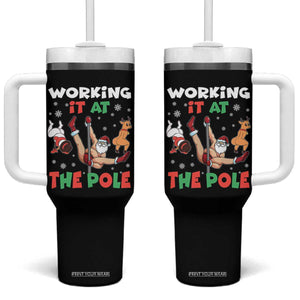 Funny Christmas Naughty Santa Tumbler With Handle Working It At The Pole TS11 One Size: 40 oz Black Print Your Wear