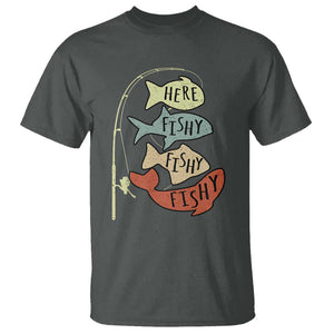 Funny Here Fishy Fishy Retro Fisherman T Shirt TS11 Dark Heather Print Your Wear