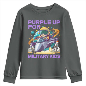 Purple Up For Military Kids Youth Sweatshirt Military Child Month Astronaut Fights TS11 Dark Heather Print Your Wear