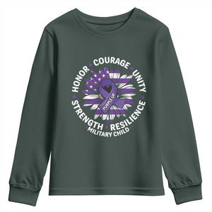 Military Child Month Youth Sweatshirt Purple Up Military Child Honor Courage Unity Strength Resilience TS11 Dark Forest Green Print Your Wear