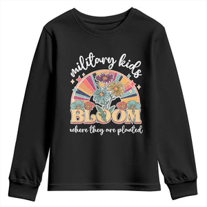 Military Kids Bloom Where They Are Planted Youth Sweatshirt Military Child Month Retro Vintage Flowers TS11 Black Print Your Wear