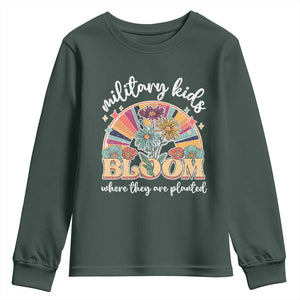 Military Kids Bloom Where They Are Planted Youth Sweatshirt Military Child Month Retro Vintage Flowers TS11 Dark Forest Green Print Your Wear