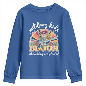 Military Kids Bloom Where They Are Planted Youth Sweatshirt Military Child Month Retro Vintage Flowers TS11 Royal Blue Print Your Wear