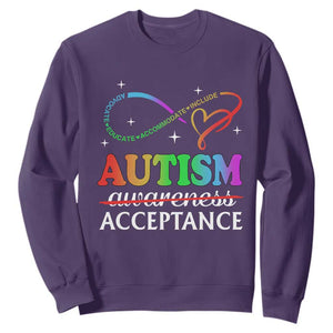 Autism Awareness Acceptance Sweatshirt Advocate Educate Accommodate Include Infinity Symbol TS11 Purple Print Your Wear