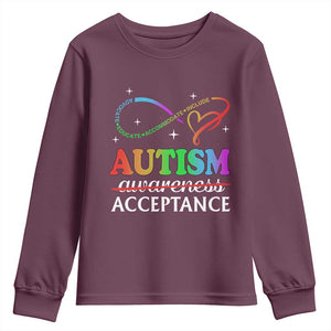 Autism Awareness Acceptance Youth Sweatshirt Advocate Educate Accommodate Include Infinity Symbol TS11 Maroon Print Your Wear