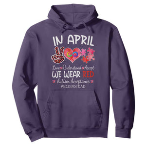 Autism Awareness Acceptance Red Instead Hoodie In April We Wear Red Peace Love Puzzle TS11 Purple Print Your Wear