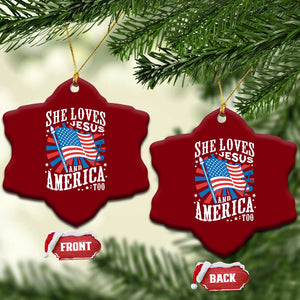 Funny She Loves Jesus And America Too Ceramic Ornament 4th Of July Patriotic Christian American Flag TS11 Print Your Wear