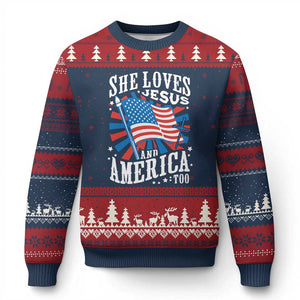 Funny She Loves Jesus And America Too Ugly Christmas Sweater 4th Of July Patriotic Christian American Flag TS11 Navy Red Print Your Wear