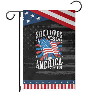 Funny She Loves Jesus And America Too Garden Flag 4th Of July Patriotic Christian American Flag TS11 Distressed Black Blue Print Your Wear