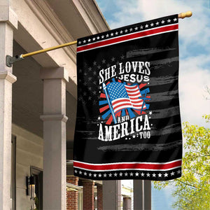 Funny She Loves Jesus And America Too Garden Flag 4th Of July Patriotic Christian American Flag TS11 Distressed Black Red Print Your Wear