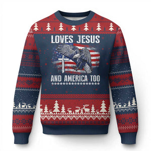Funny Loves Jesus And America Too Ugly Christmas Sweater 4th Of July Patriotic Christian Eagle American Flag TS11 Navy Red Print Your Wear