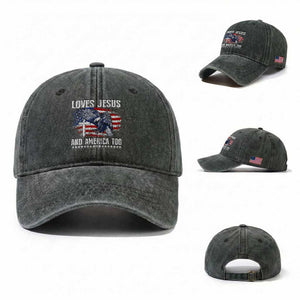 Funny Loves Jesus And America Too Washed Cotton Baseball Cap 4th Of July Patriotic Christian Eagle American Flag TS11 Washed Cap Universal Fit Dark Green Print Your Wear
