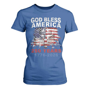 God Bless America 250 Years 1776 2026 T Shirt For Women Christian Cross Eagle American Flag