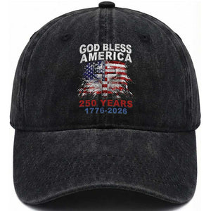 God Bless America 250 Years 1776 2026 Washed Cotton Baseball Cap Christian Cross Eagle American Flag