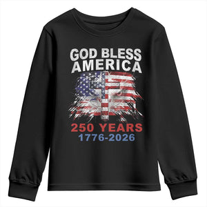 God Bless America 250 Years 1776 2026 Youth Sweatshirt Christian Cross Eagle American Flag