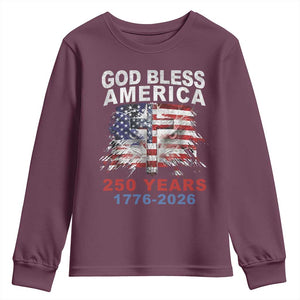 God Bless America 250 Years 1776 2026 Youth Sweatshirt Christian Cross Eagle American Flag