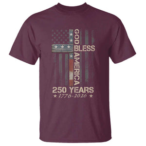 God Bless America 250 Years 1776 2026 T Shirt Christian Cross American Flag