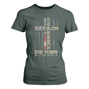 God Bless America 250 Years 1776 2026 T Shirt For Women Christian Cross American Flag