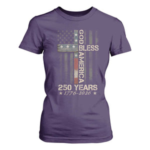 God Bless America 250 Years 1776 2026 T Shirt For Women Christian Cross American Flag