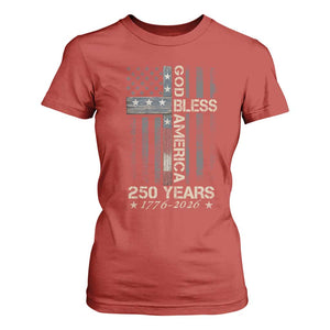 God Bless America 250 Years 1776 2026 T Shirt For Women Christian Cross American Flag