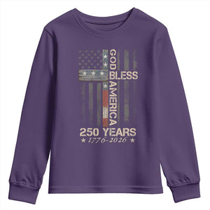 God Bless America 250 Years 1776 2026 Youth Sweatshirt Christian Cross American Flag
