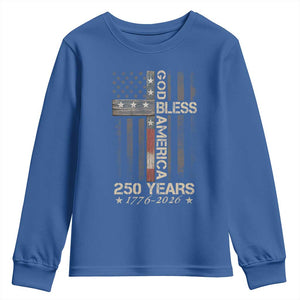 God Bless America 250 Years 1776 2026 Youth Sweatshirt Christian Cross American Flag