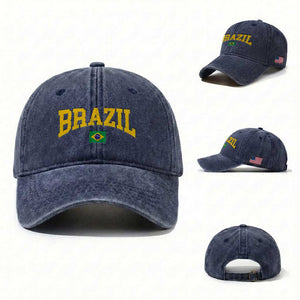 Brazil Football Throwback Design Vintage Brazilian Flag Jersey Style Washed Cotton Baseball Cap TS11 Washed Cap Universal Fit Navy Print Your Wear