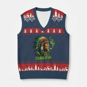 Funny Chiefin Weed Indian Native American Marijuana V-Neck Knit Sweater Vest TS11 Navy Red Print Your Wear