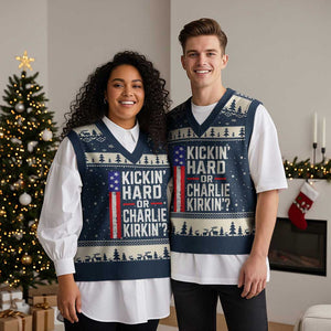 Funny Kickin Hard Or Kirkin US Political V-Neck Knit Sweater Vest Vintage American Flag