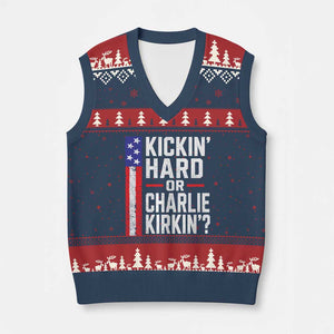 Funny Kickin Hard Or Kirkin US Political V-Neck Knit Sweater Vest Vintage American Flag