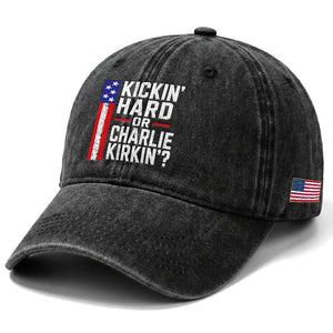 Funny Kickin Hard Or Kirkin US Political Washed Cotton Baseball Cap Vintage American Flag