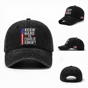 Funny Kickin Hard Or Kirkin US Political Washed Cotton Baseball Cap Vintage American Flag