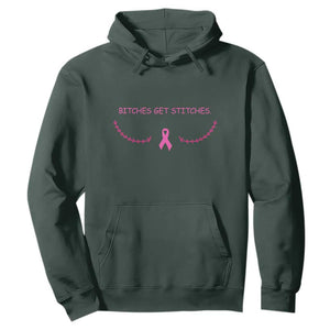 Funny Breast Cancer Awareness Hoodie Bitches Get Stitches Pink Ribbon