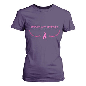 Funny Breast Cancer Awareness T Shirt For Women Bitches Get Stitches Pink Ribbon