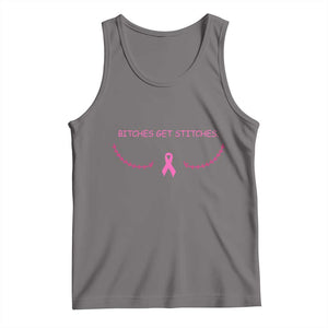 Funny Breast Cancer Awareness Tank Top Bitches Get Stitches Pink Ribbon