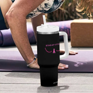 Funny Breast Cancer Awareness Tumbler With Handle Bitches Get Stitches Pink Ribbon
