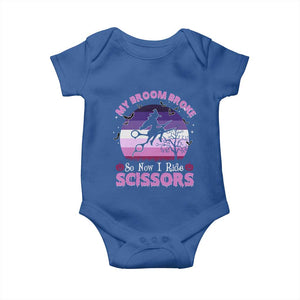 Funny Lesbian Witch Halloween Baby Onesie My Broom Broke So Now I Ride Scissors TS11 Royal Blue Print Your Wear