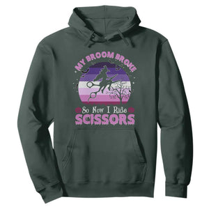 Funny Lesbian Witch Halloween Hoodie My Broom Broke So Now I Ride Scissors TS11 Dark Forest Green Print Your Wear