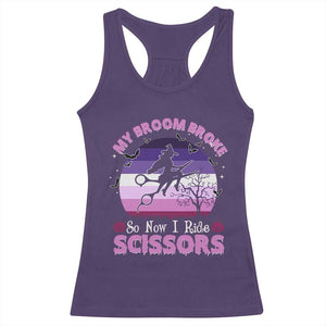 Funny Lesbian Witch Halloween Racerback Tank Top My Broom Broke So Now I Ride Scissors TS11 Purple Print Your Wear