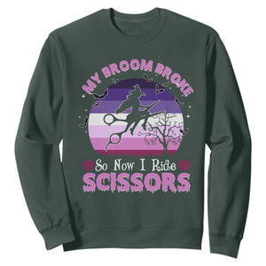Funny Lesbian Witch Halloween Sweatshirt My Broom Broke So Now I Ride Scissors TS11 Dark Forest Green Print Your Wear