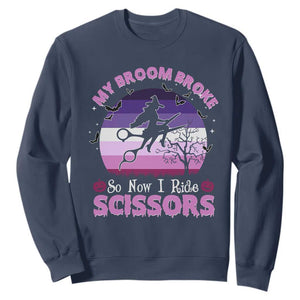 Funny Lesbian Witch Halloween Sweatshirt My Broom Broke So Now I Ride Scissors TS11 Navy Print Your Wear