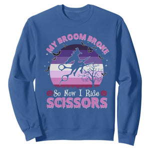 Funny Lesbian Witch Halloween Sweatshirt My Broom Broke So Now I Ride Scissors TS11 Royal Blue Print Your Wear