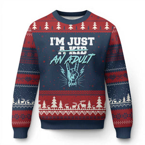 Funny Rock N Roll Lover Ugly Christmas Sweater I Am Just A Kid Adulthood Saying TS11 Navy Red Print Your Wear