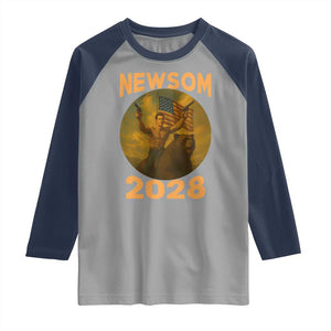 Gavin Newsom 2028 Raglan Shirt Patriotic Leader President 48 Riding Bear TS11 Sport Gray Navy Print Your Wear