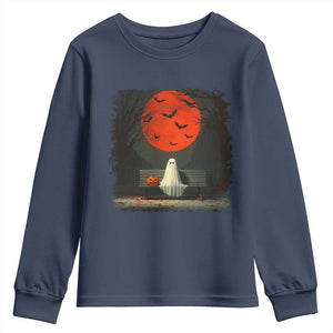 Halloween Lonely Ghost Bench Blood Moon Pumpkin Youth Sweatshirt TS11 Navy Print Your Wear