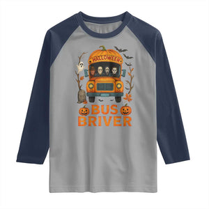 Funny Halloween Bus Driver Raglan Shirt Horror Slashers Pumpkin School Bus Spooky Season TS11 Sport Gray Navy Print Your Wear