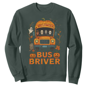 Funny Halloween Bus Driver Sweatshirt Horror Slashers Pumpkin School Bus Spooky Season TS11 Dark Forest Green Print Your Wear